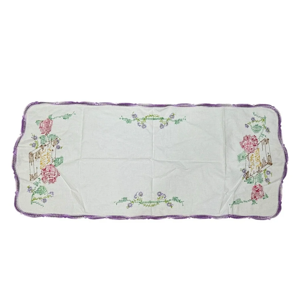 Vintage Cross Stitch Tea Towel Floral Bible Scripture‎ Linen Farmhouse